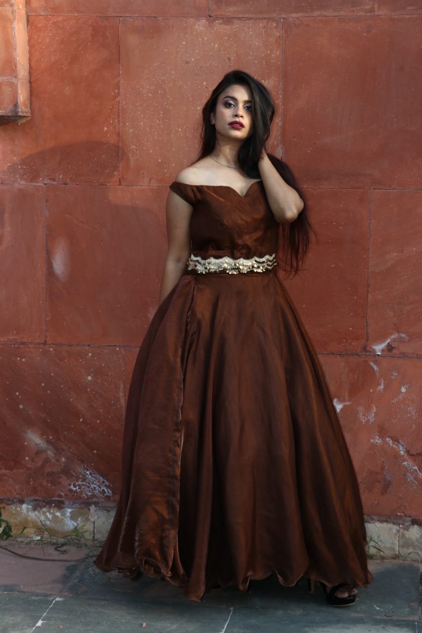 Designer Brown Color Jacquard Party Wear Gown